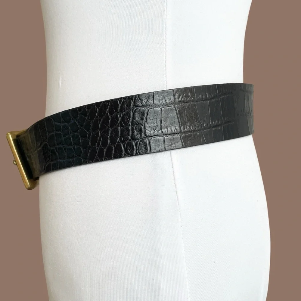 Italian Leather Black Croc-Embossed Wide Waist Oversized Belt Maximalist XS
